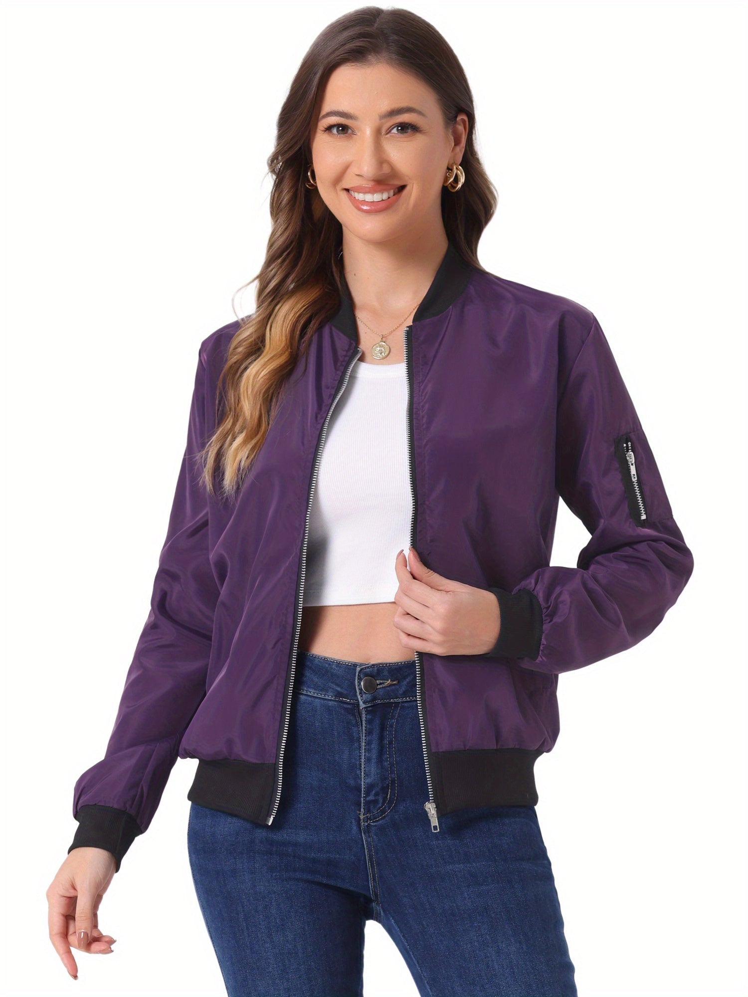 Women's Bomber Jacket Zip Up Stand Collar Long Sleeve Ribbed Cuff Casual Outerwear