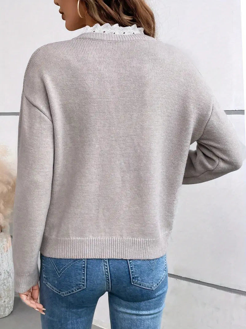 Women's V-Neck Pullover Sweater Lace Trim Long Sleeve Ribbed Knit Casual