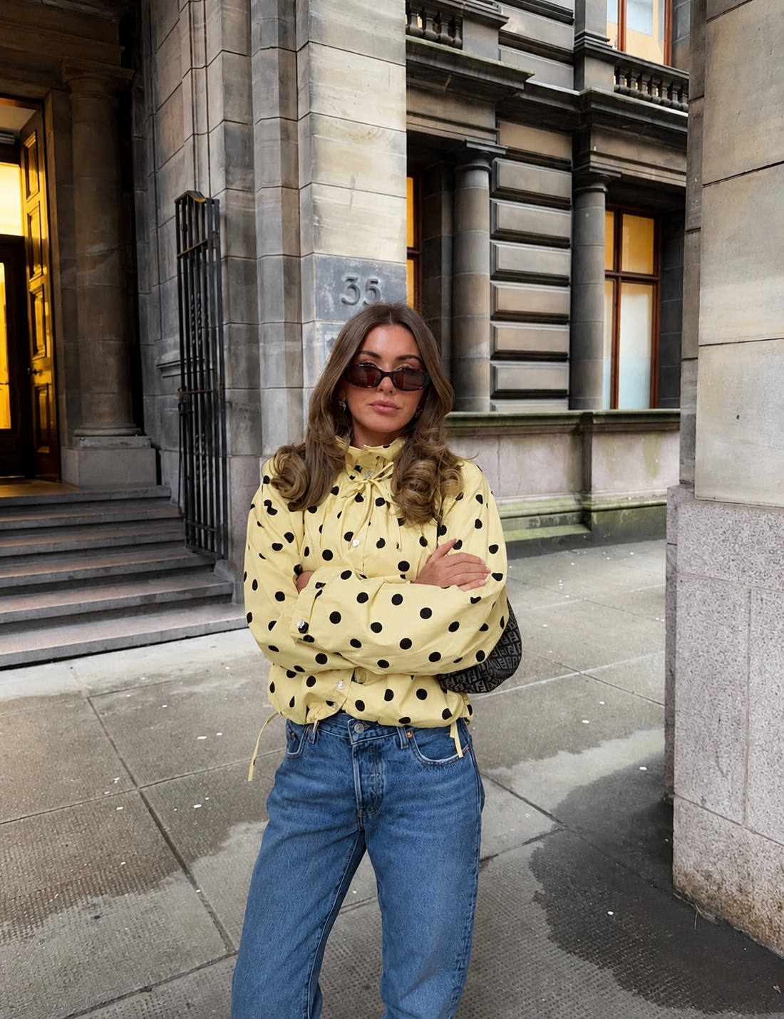 Women's Polka Dot High Neck Jacket – Puff Sleeve Drawstring Hem Casual