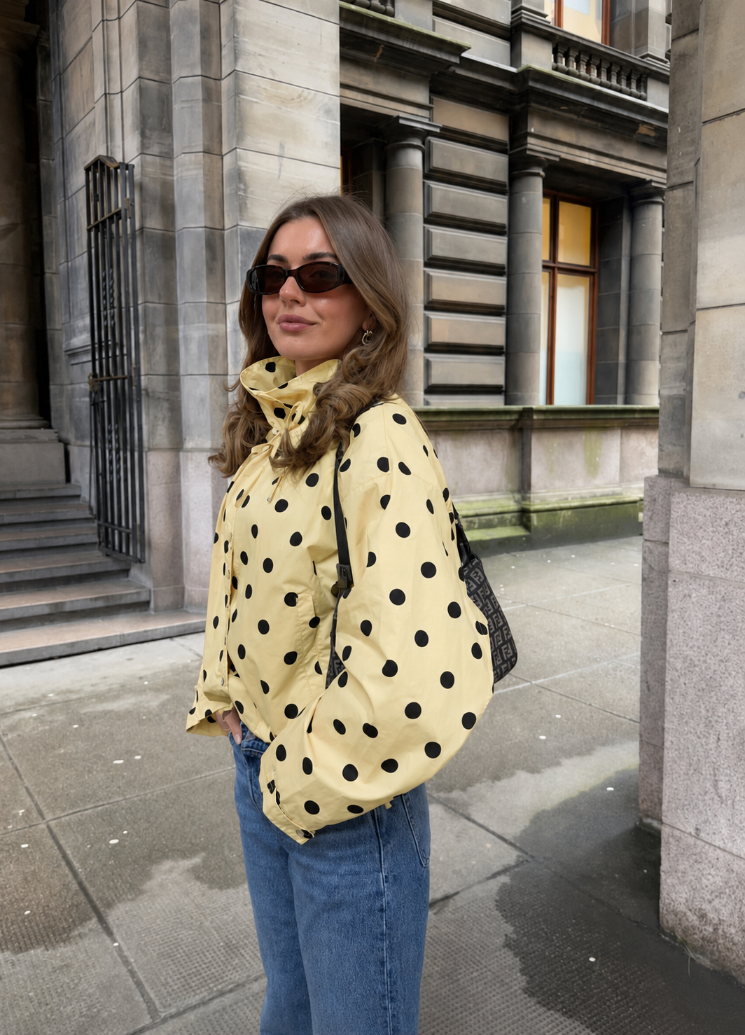 Women's Polka Dot High Neck Jacket – Puff Sleeve Drawstring Hem Casual