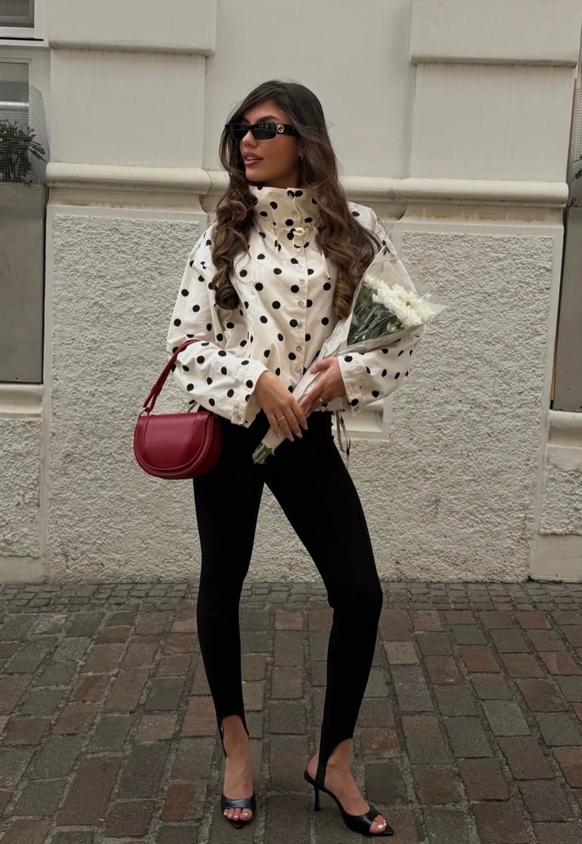 Women's Polka Dot High Neck Jacket – Puff Sleeve Drawstring Hem Casual