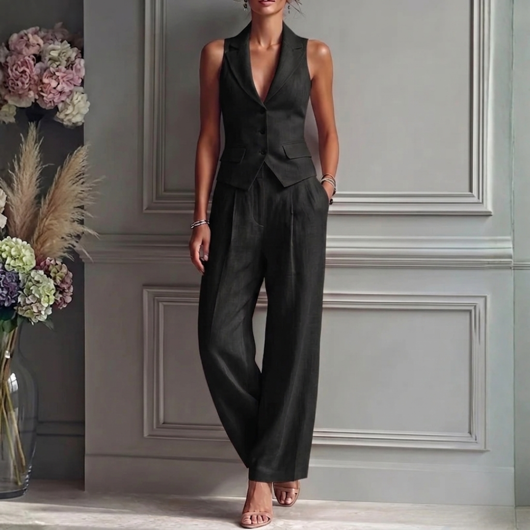 Women's Linen 2-Piece Set Sleeveless V-Neck Waistcoat Wide-Leg Pants