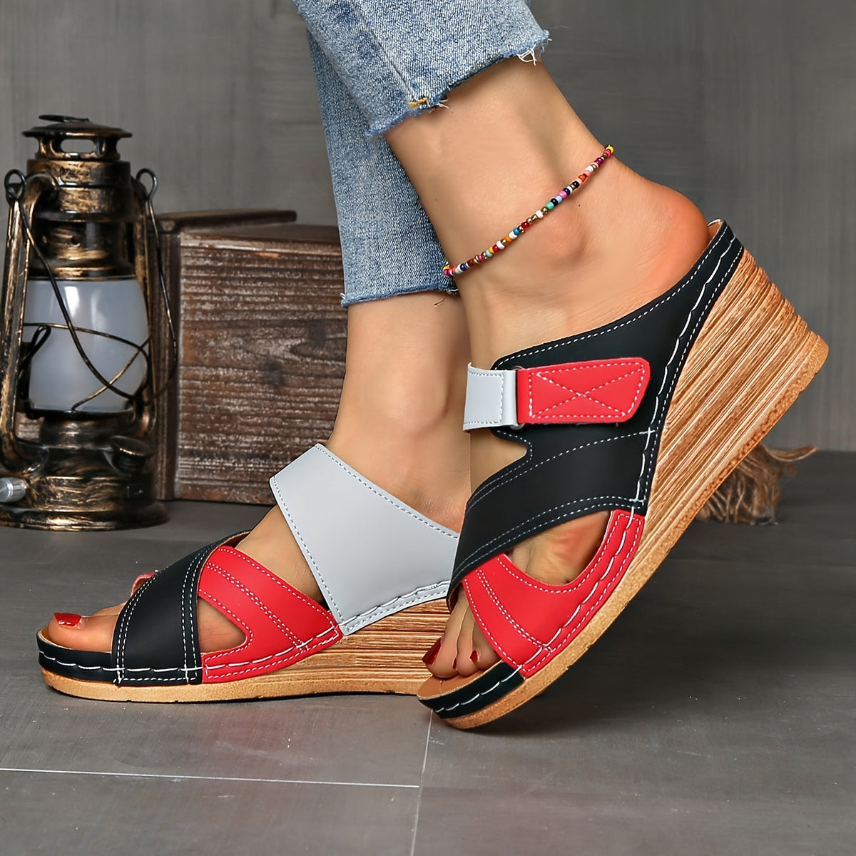 Women's Wedge Slides Two-Tone Cross Strap Open Toe Summer Sandals