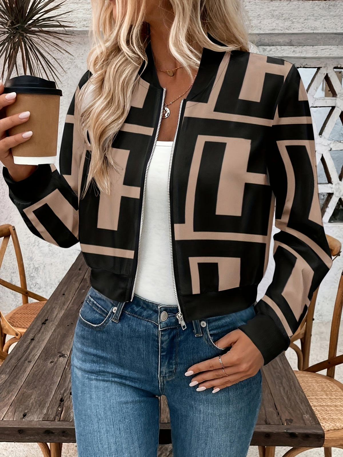 Women's Bomber Jacket Geometric Print Zip-Up Long Sleeve Ribbed Cuff Casual Wear