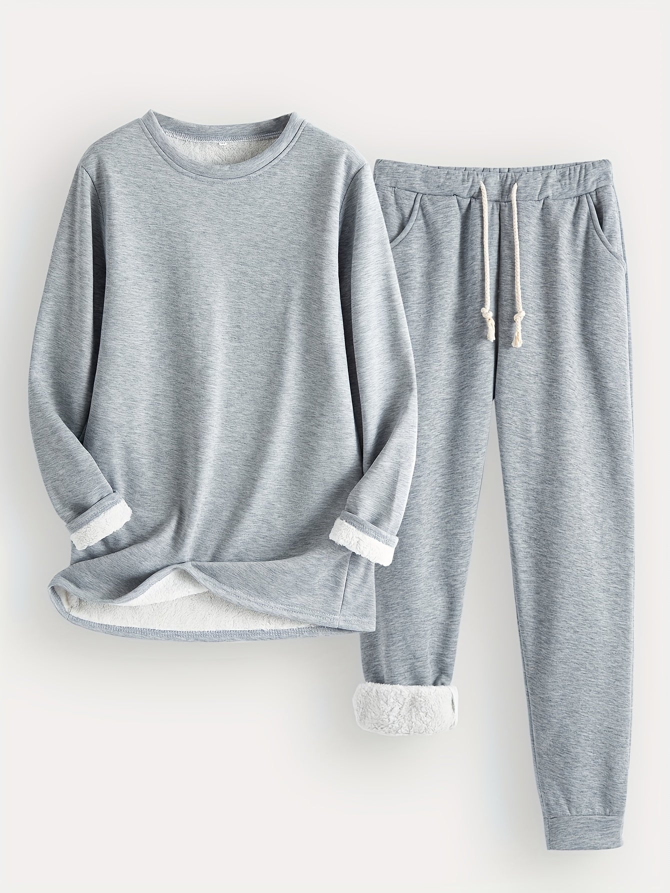 Women's Fleece-Lined Base Layer Set Round Neck Long Sleeve Top Drawstring Joggers Casual