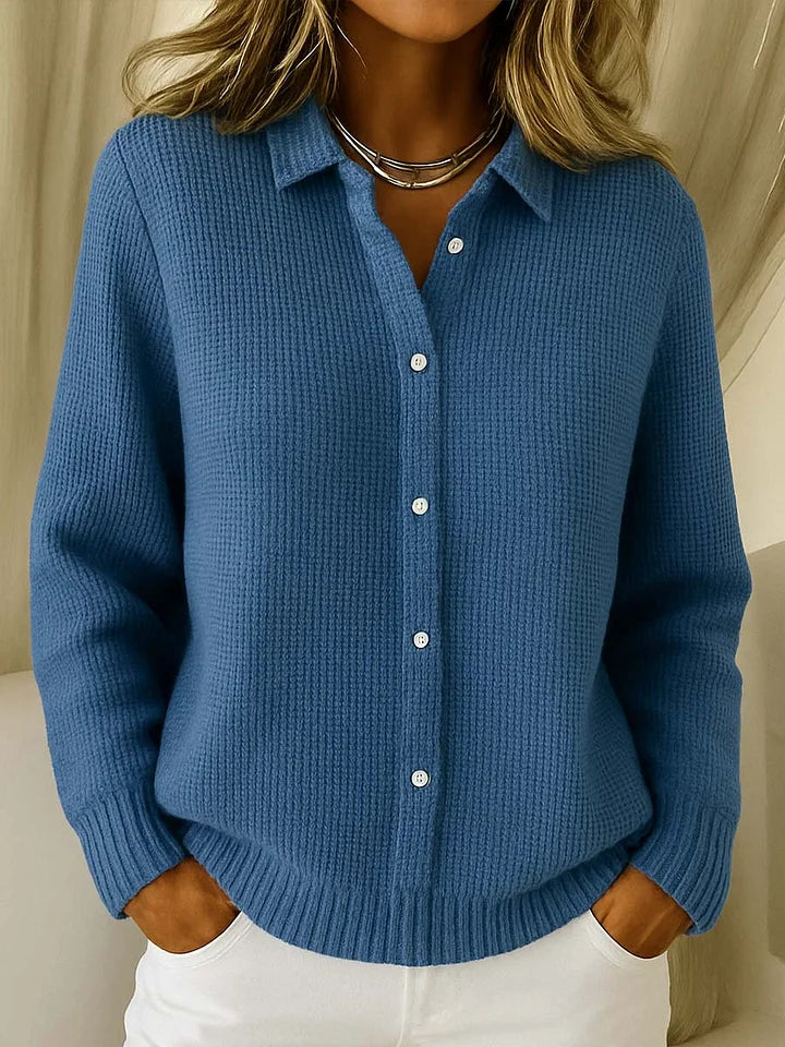Women's Waffle Knit Button-Down Shirt V-Neck Long Sleeve Collared Casual Top