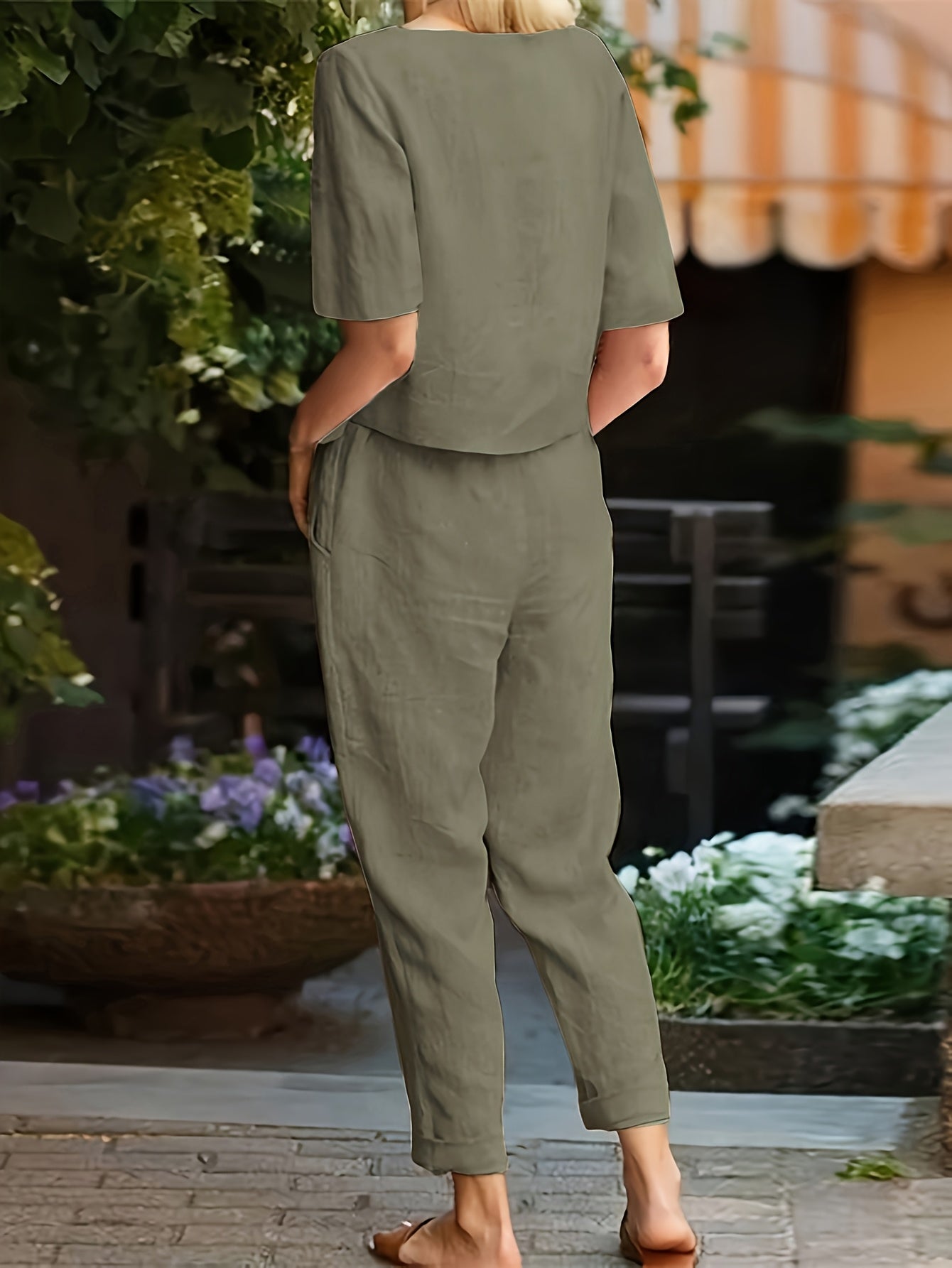 Women's 2-Piece Set Round Neck Short Sleeve Top Tie Waist Wide Leg Pants Casual