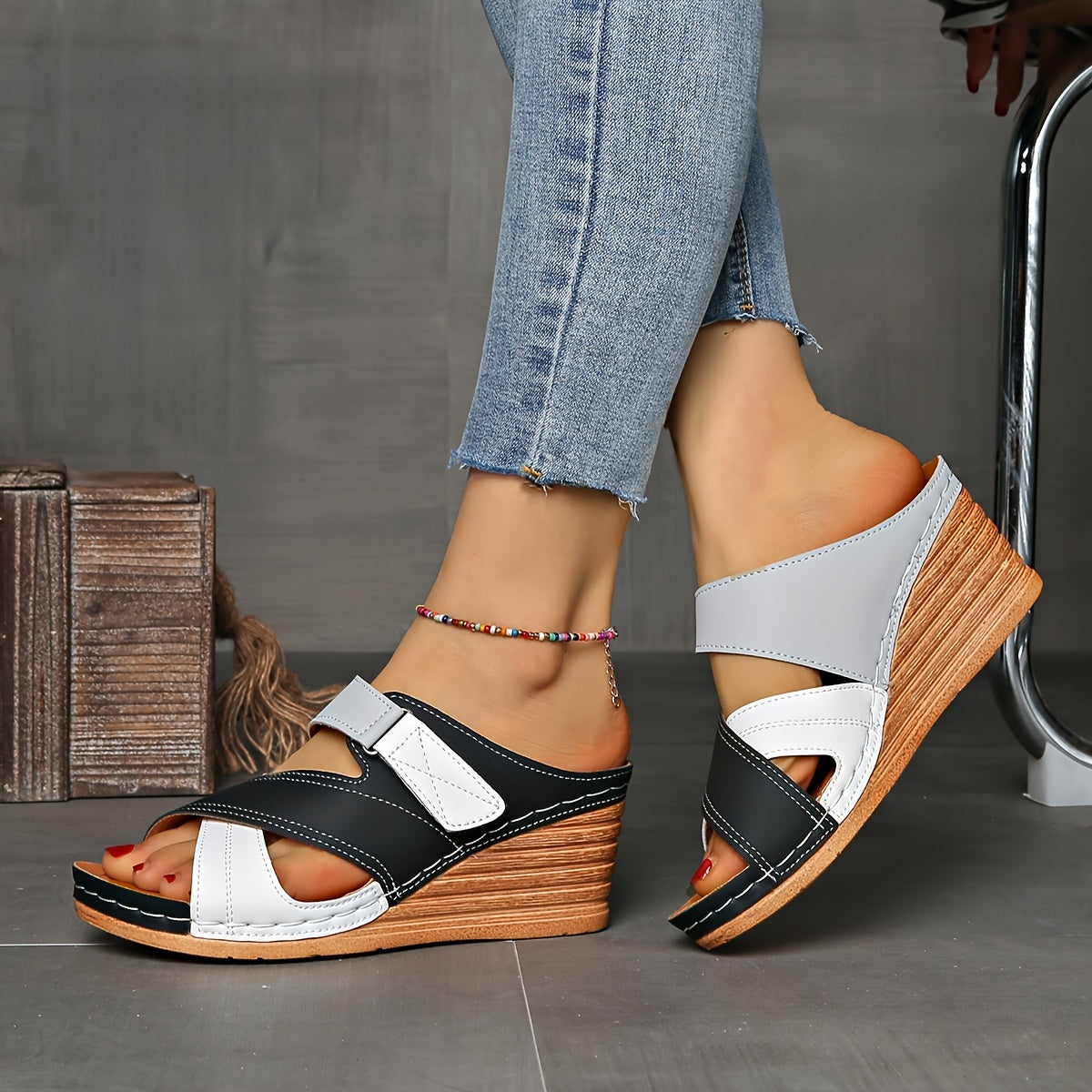 Women's Wedge Slides Two-Tone Cross Strap Open Toe Summer Sandals