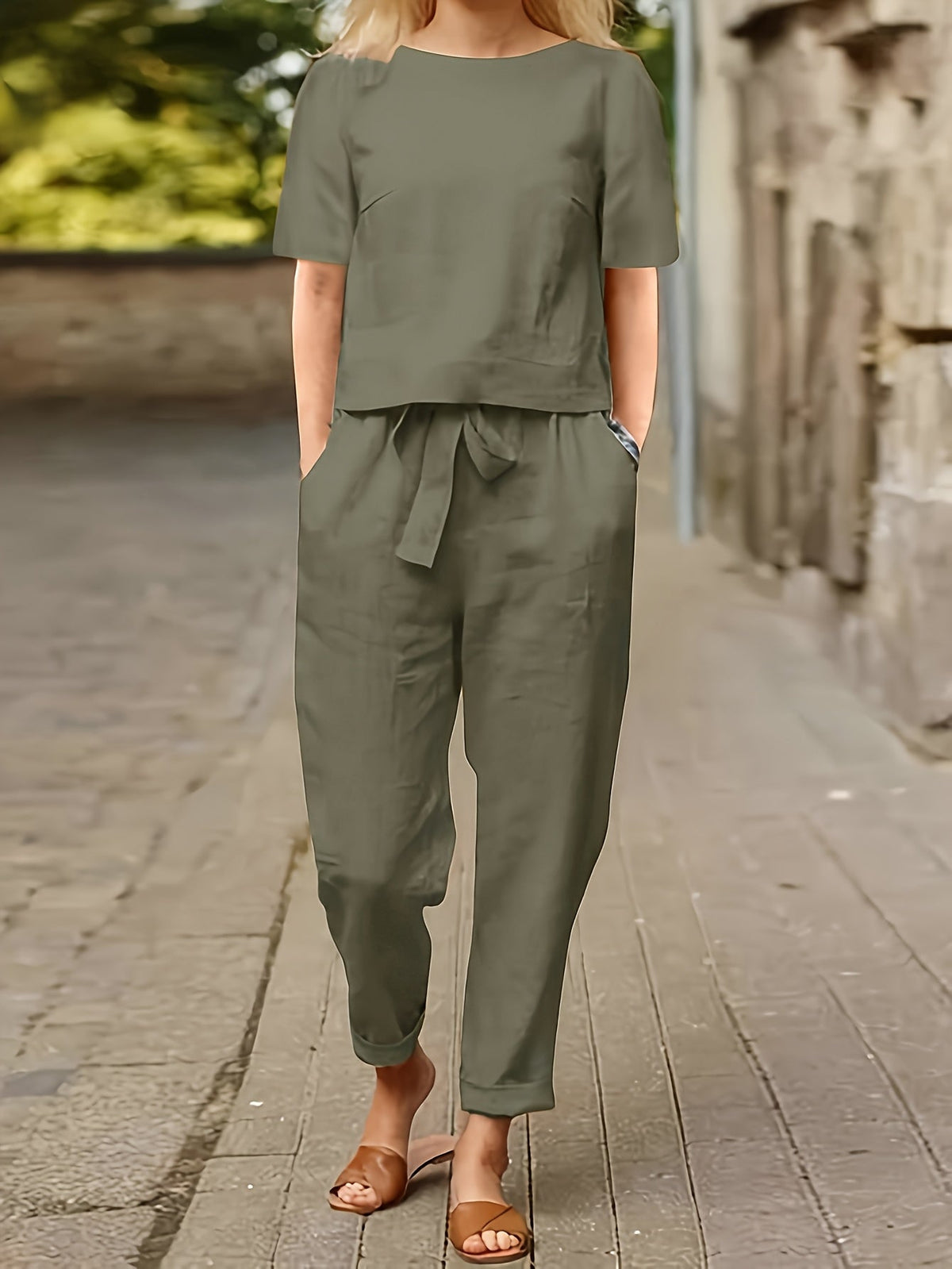 Women's 2-Piece Set Round Neck Short Sleeve Top Tie Waist Wide Leg Pants Casual