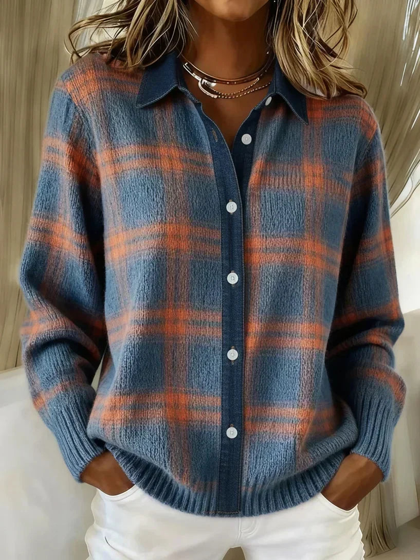 Women's Plaid Knit Cardigan V-Neck Long Sleeve Button-Down Collared Sweater