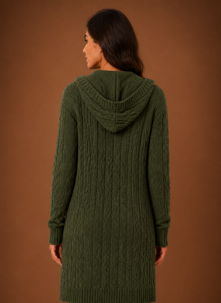 Women's Cable Knit Cardigan Hooded Long Sleeve Open Front Green Sweater