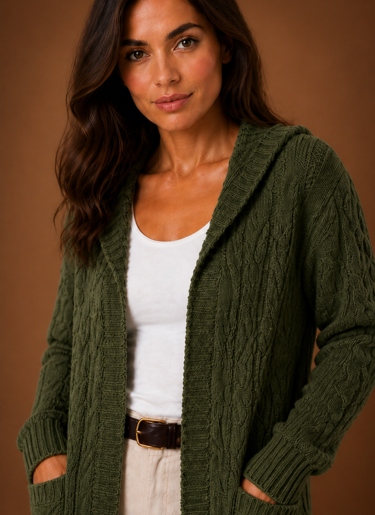 Women's Cable Knit Cardigan Hooded Long Sleeve Open Front Green Sweater