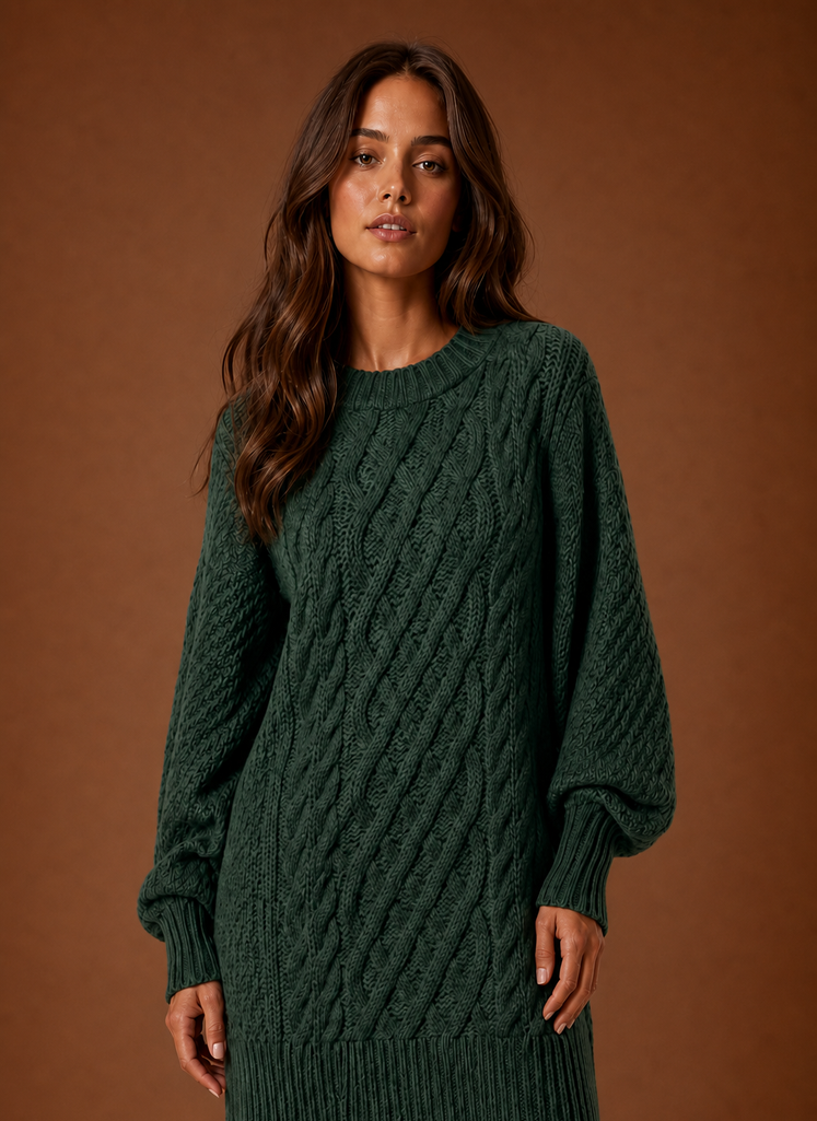 Women's Cable Knit Sweater Dress Long Sleeve Crew Neck Oversized Winter