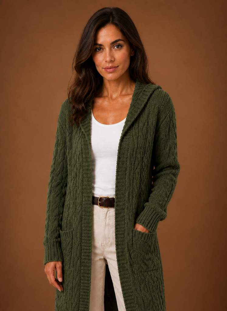 Women's Cable Knit Cardigan Hooded Long Sleeve Open Front Green Sweater