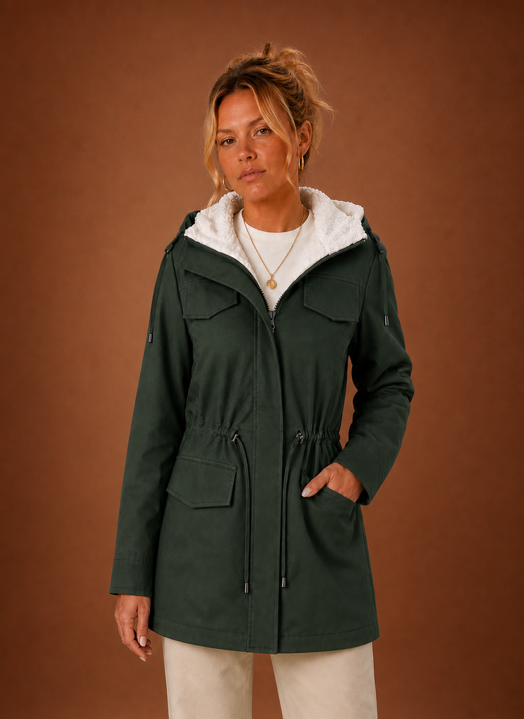Women's Hooded Parka Jacket Fleece-Lined Zip-Up Mid-Length Winter Coat