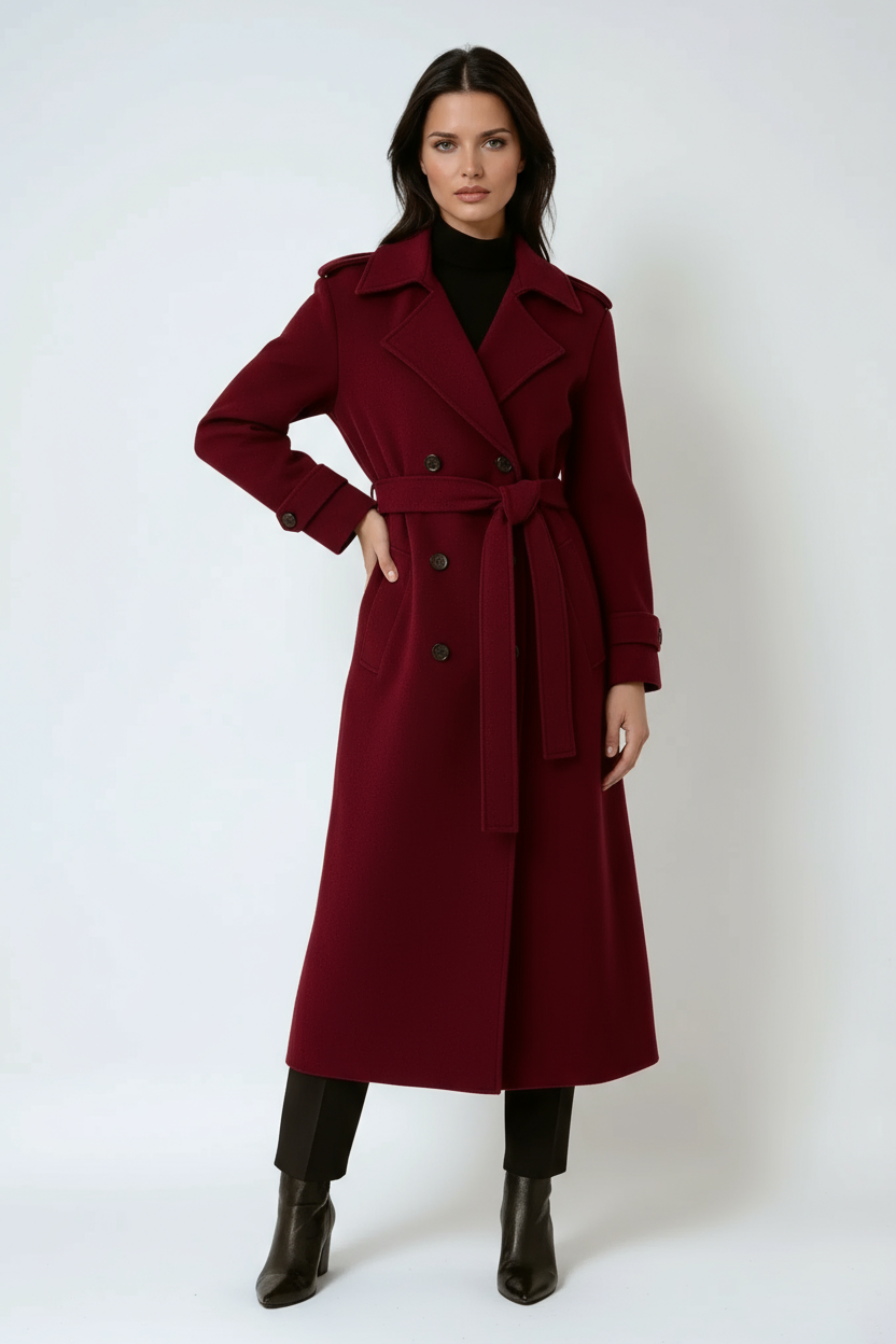 Women's Wool Trench Coat Long Double Breasted Belted Winter Outerwear