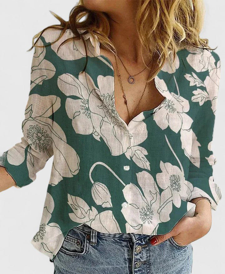Women's Linen Button Down Shirt Lapel Collar Long Sleeve Casual Top