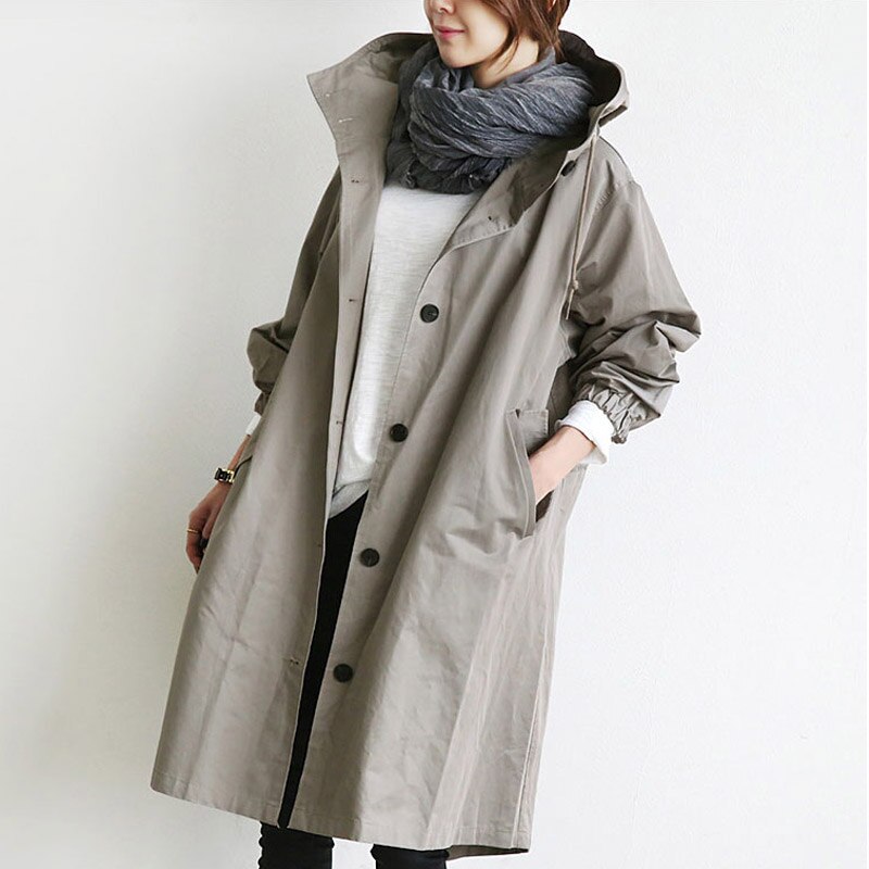 Women's Hooded Trench Coat Snap Button Adjustable Cuffs Casual Mid-Length Outerwear