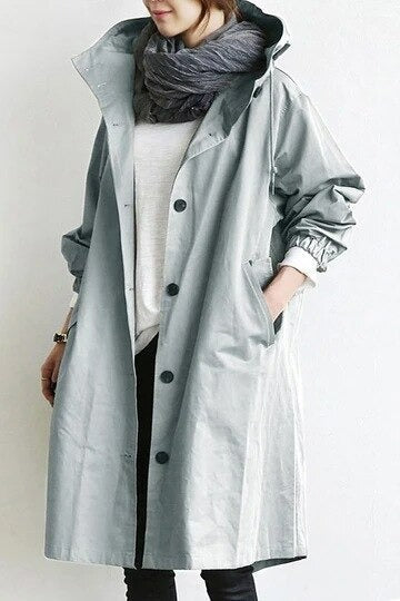 Women's Hooded Trench Coat Snap Button Adjustable Cuffs Casual Mid-Length Outerwear
