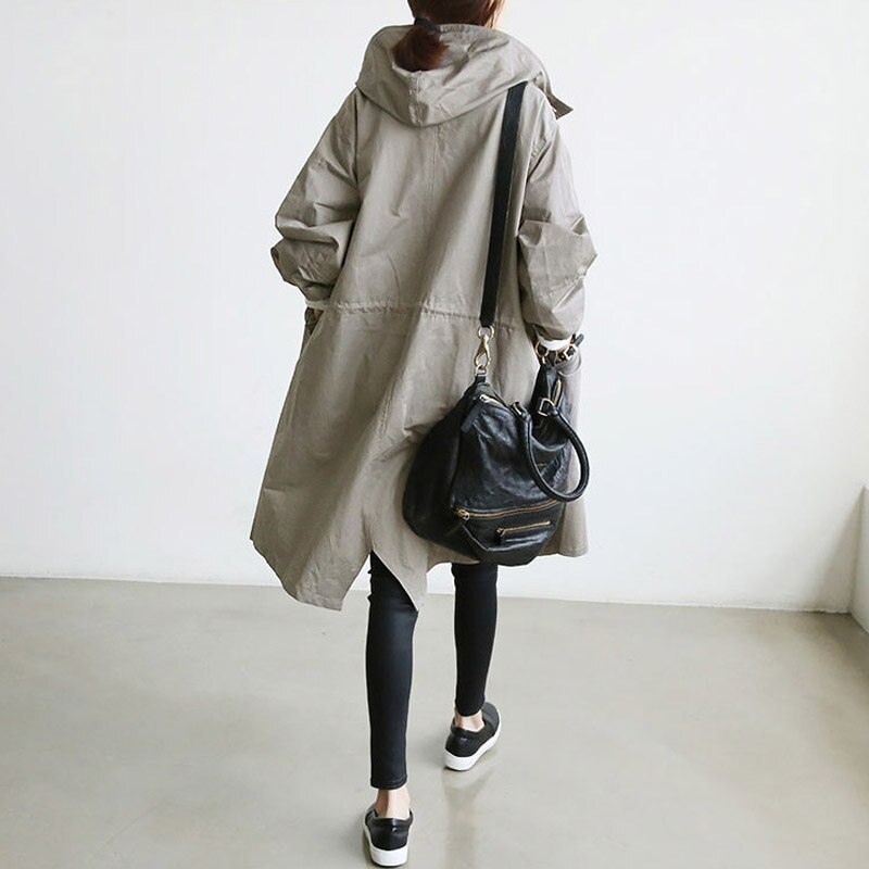 Women's Hooded Trench Coat Snap Button Adjustable Cuffs Casual Mid-Length Outerwear