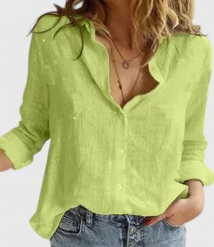 Women's Linen Button Down Shirt Lapel Collar Long Sleeve Casual Top