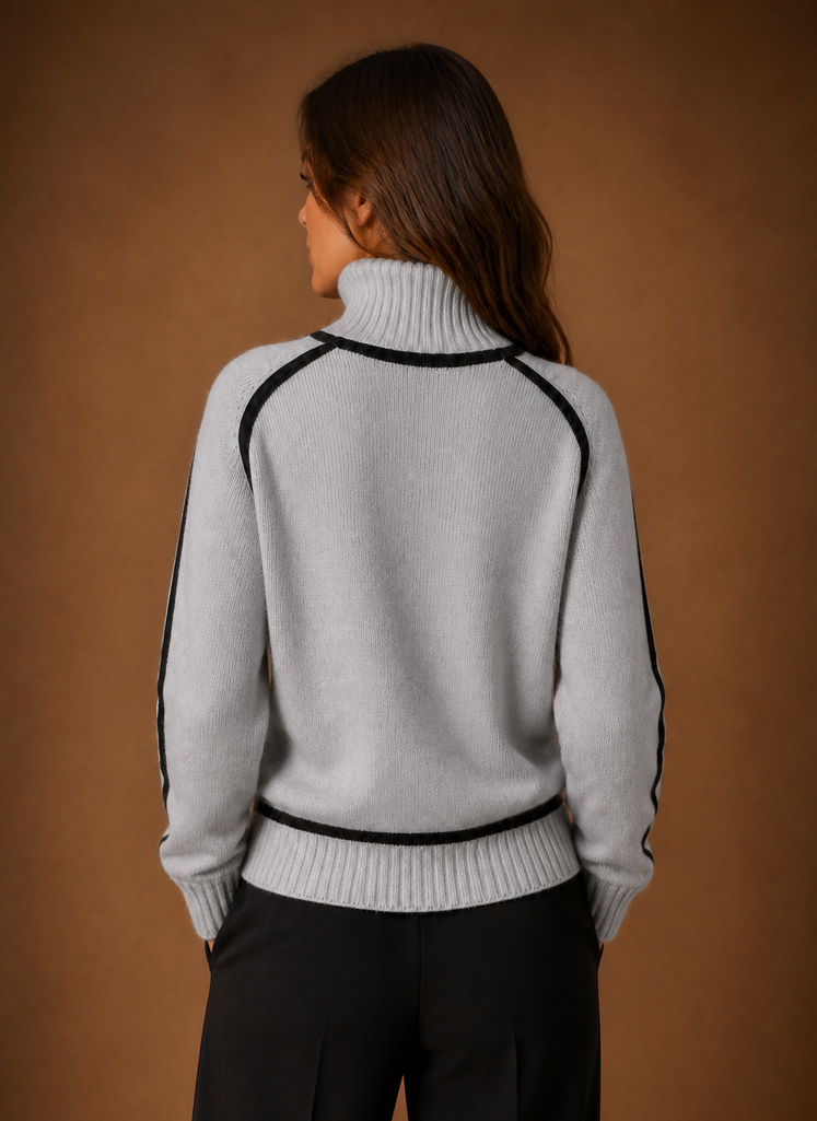 Women's Turtleneck Sweater Contrast Trim Long Sleeve Wool Blend Knit Winter Top