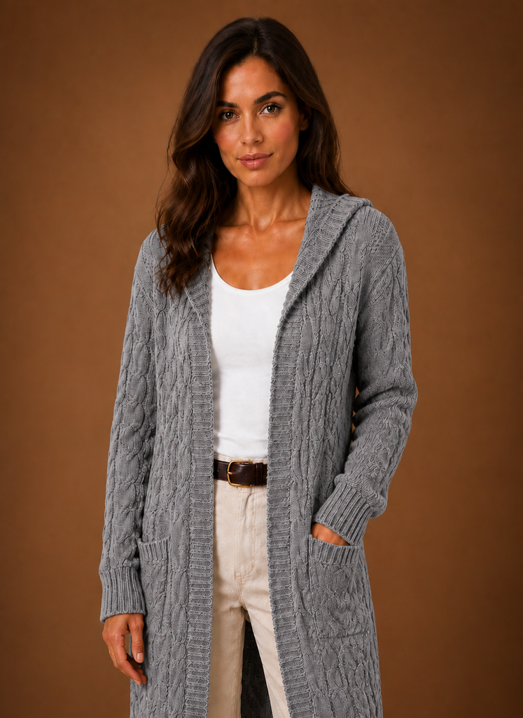 Women's Cable Knit Cardigan Hooded Long Sleeve Open Front Green Sweater
