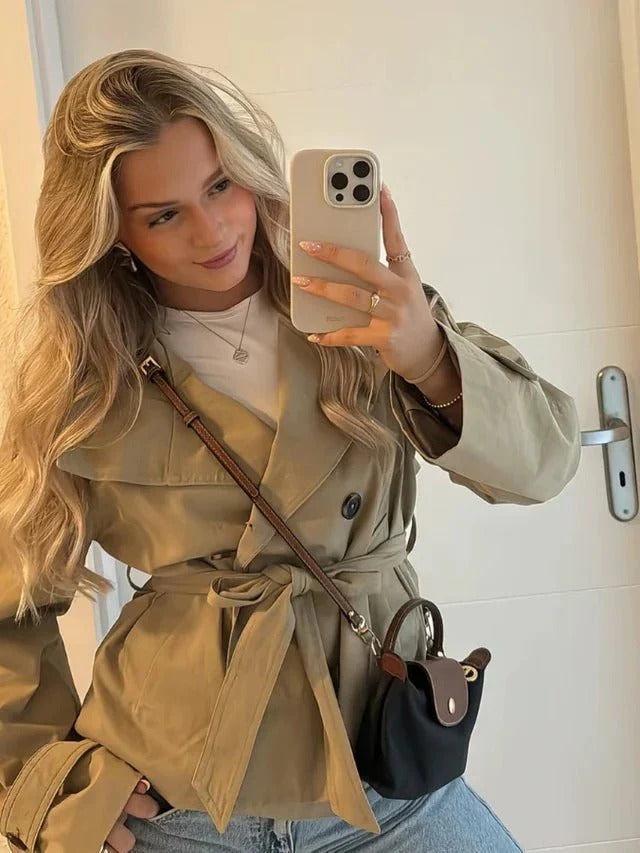 Women's Trench Jacket Belted High Neck Double Breasted Casual Short Coat