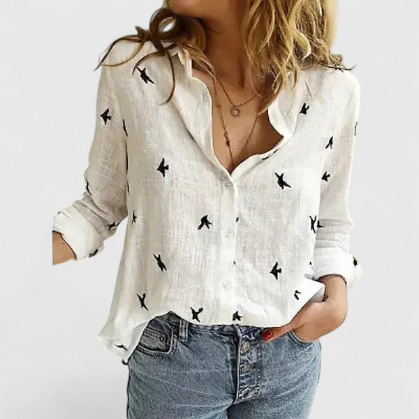 Women's Linen Button Down Shirt Lapel Collar Long Sleeve Casual Top