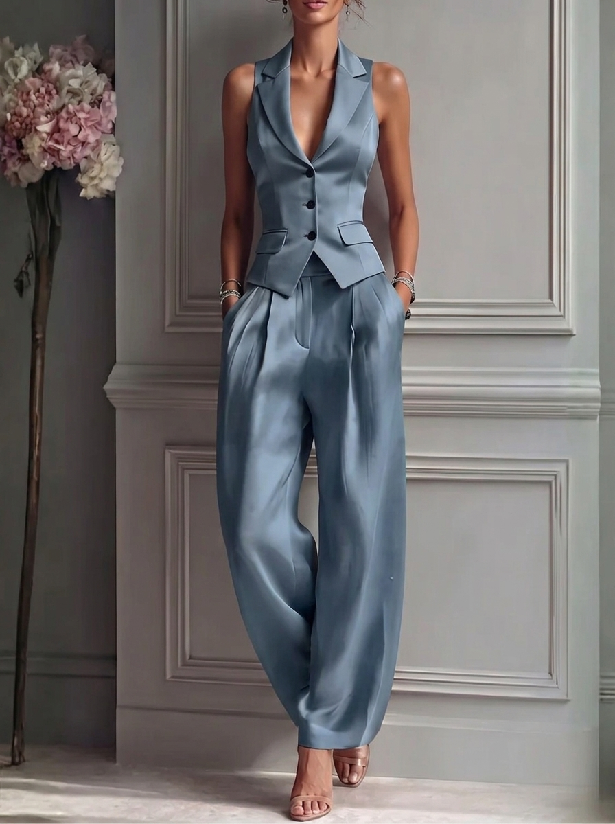 Women's Linen 2-Piece Set Sleeveless V-Neck Waistcoat Wide-Leg Pants