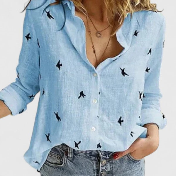 Women's Linen Button Down Shirt Lapel Collar Long Sleeve Casual Top
