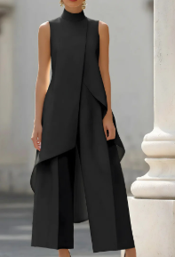 Women's 2 Piece Set Asymmetric High Neck Sleeveless Wide Leg Pants Outfit