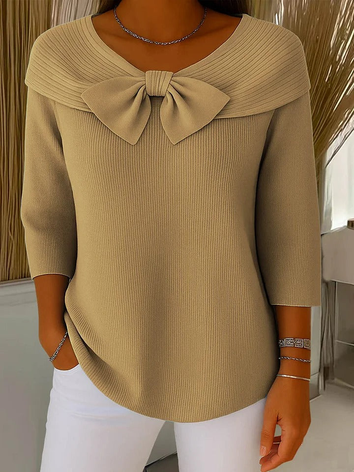 Women's Bow Neck Sweater 3/4 Sleeve Ribbed Knit Pullover Top Casual