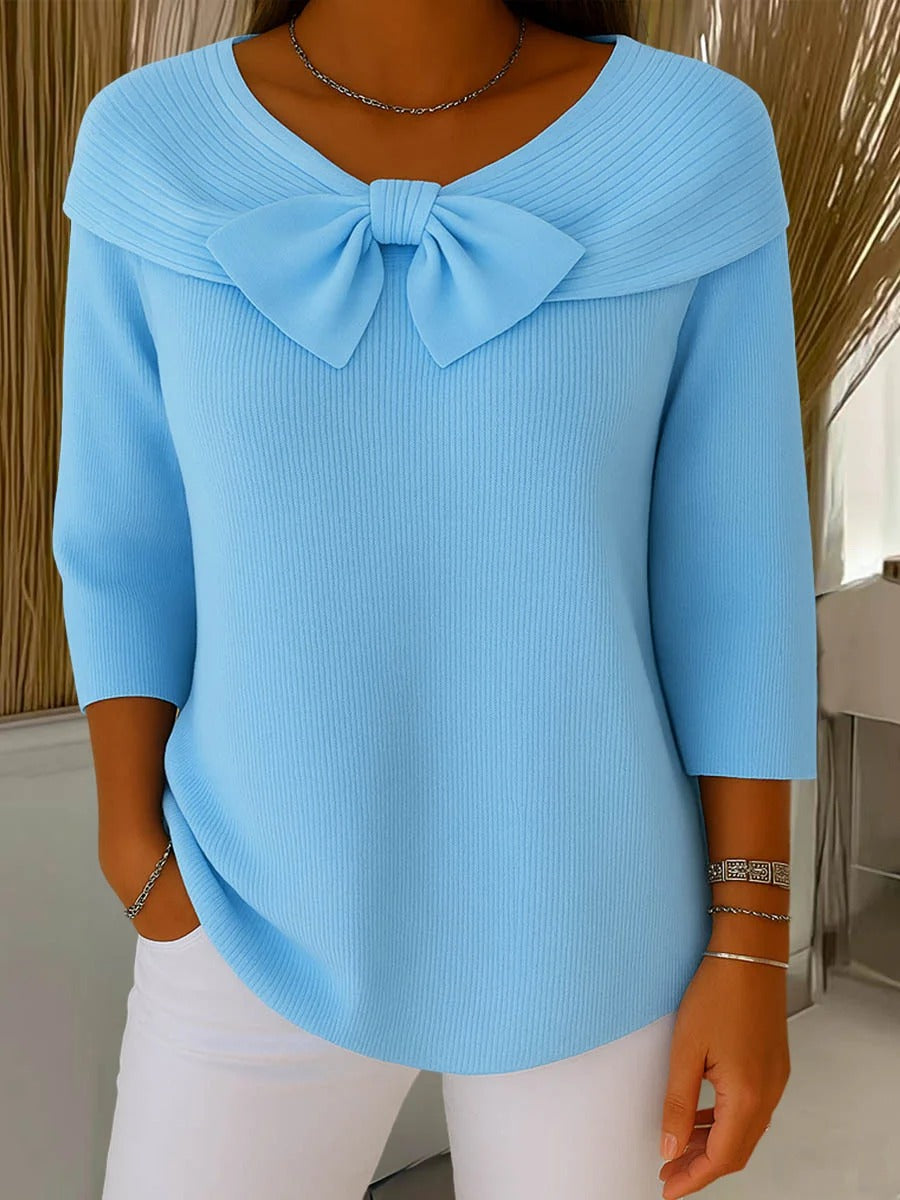 Women's Bow Neck Sweater 3/4 Sleeve Ribbed Knit Pullover Top Casual