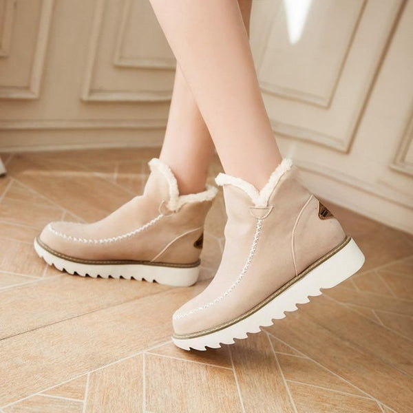 Women's Fur Lined Ankle Snow Boots Slip-On Chunky Platform Sole Winter