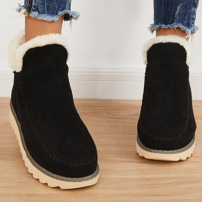Women's Fur Lined Ankle Snow Boots Slip-On Chunky Platform Sole Winter