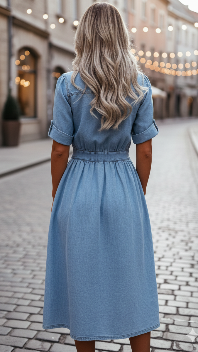 Women's Denim Shirt Dress Belted Short Sleeve Button-Up Collared Midi Casual