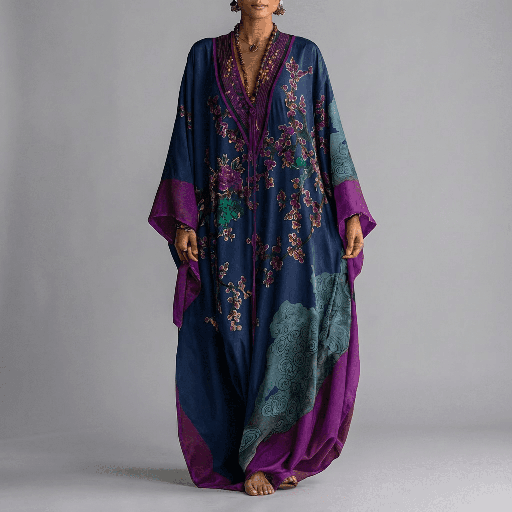Women's Maxi Dress Japanese Plum Blossom Print Batwing Sleeve