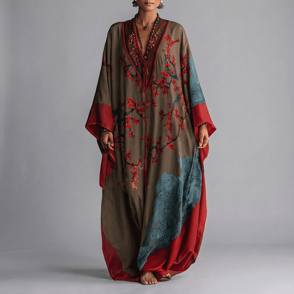 Women's Maxi Dress Japanese Plum Blossom Print Batwing Sleeve