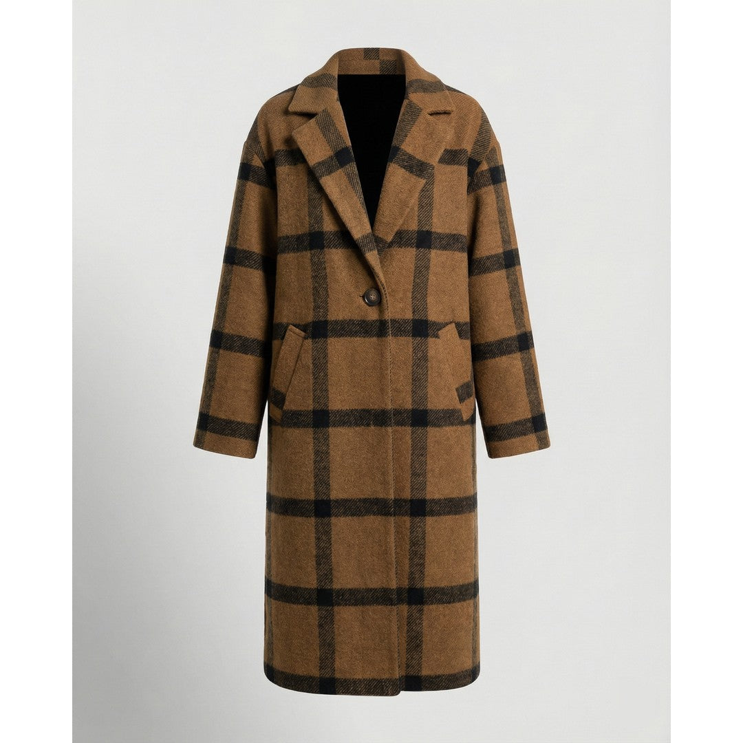 Women's Oversized Long Winter Coat Notch Lapel Multicolor Plaid
