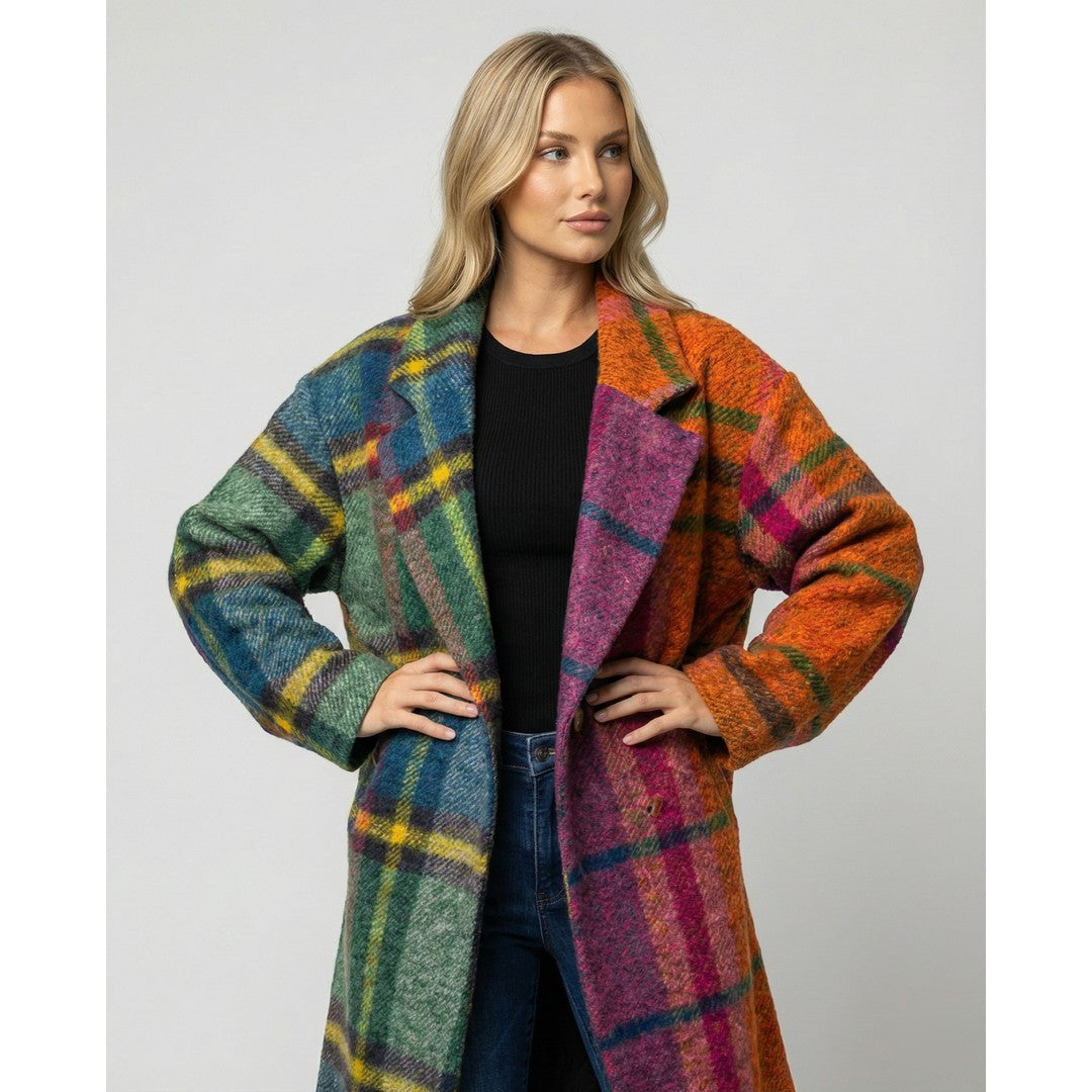 Women's Oversized Long Winter Coat Notch Lapel Multicolor Plaid