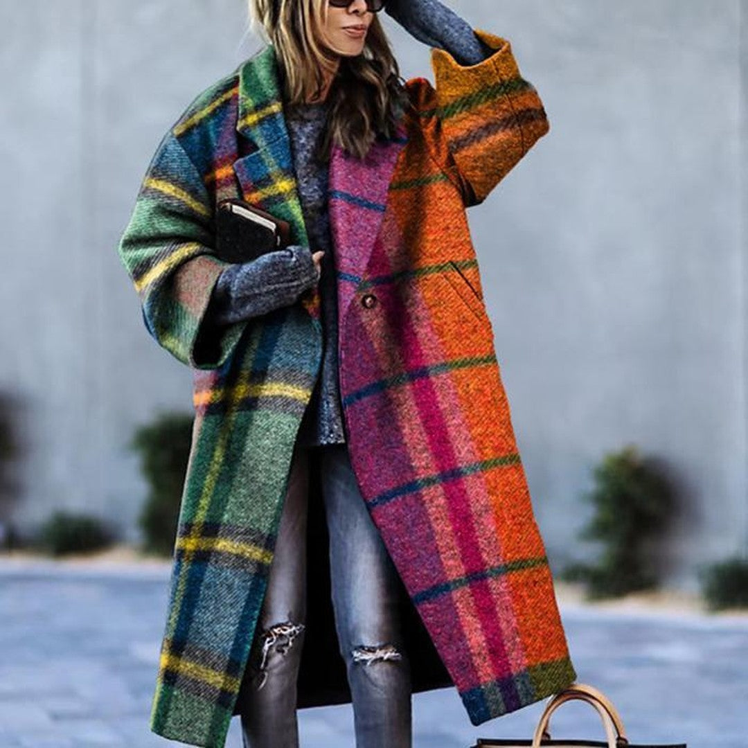 Women's Oversized Long Winter Coat Notch Lapel Multicolor Plaid