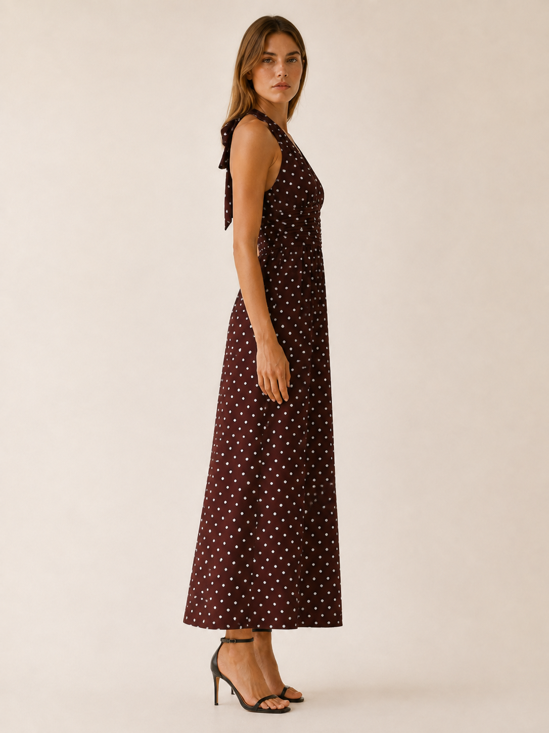 Women's Polka Dot Maxi Dress Halter Neck V-Neck Smocked Bodice Backless