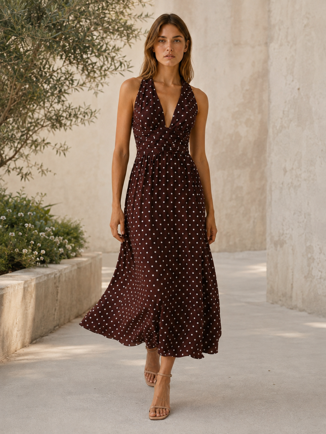 Women's Polka Dot Maxi Dress Halter Neck V-Neck Smocked Bodice Backless