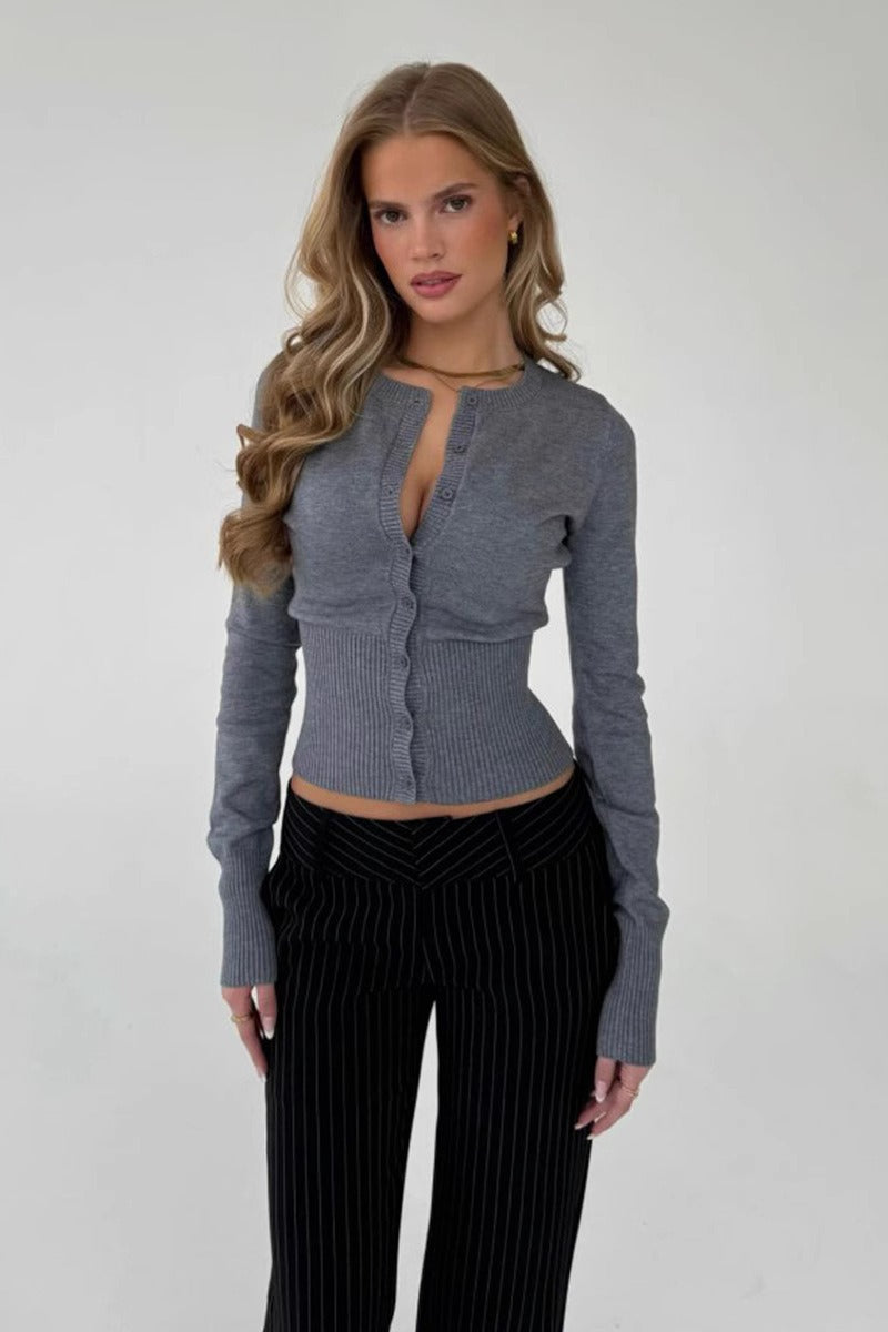 Women's Ribbed Button Cardigan Crew Neck Long Sleeve Cropped Knit Top