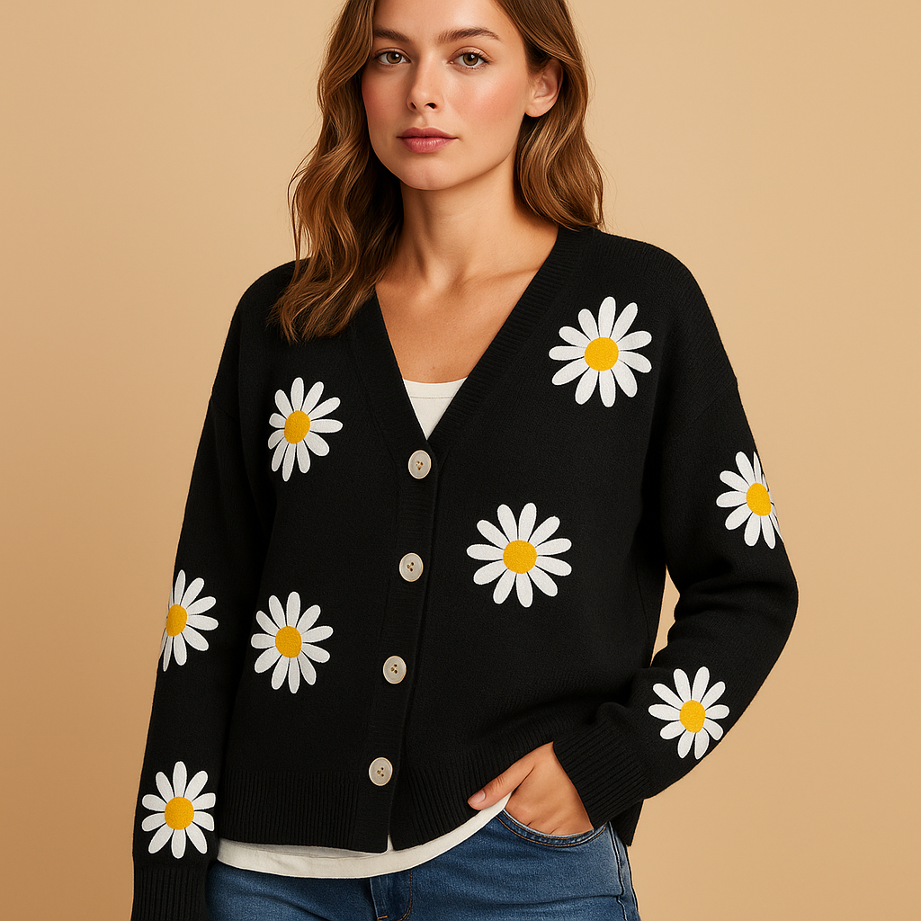 Women's Floral Knit Cardigan V-Neck Long Sleeve Button-Front Casual