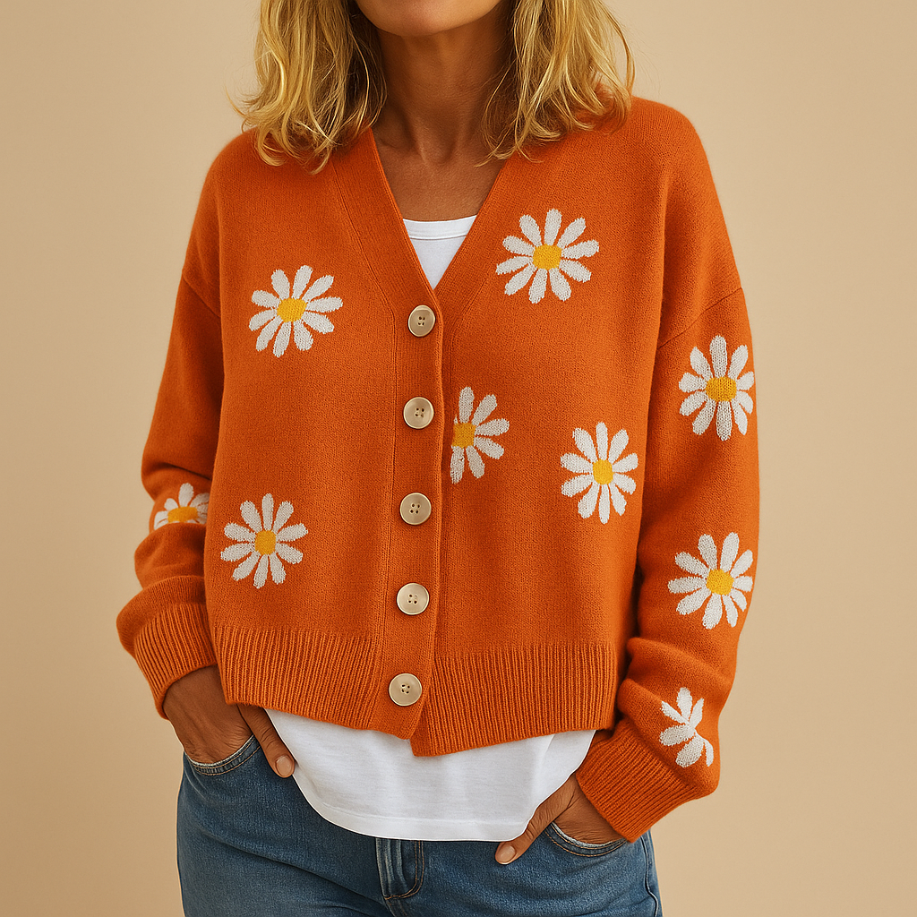 Women's Floral Knit Cardigan V-Neck Long Sleeve Button-Front Casual