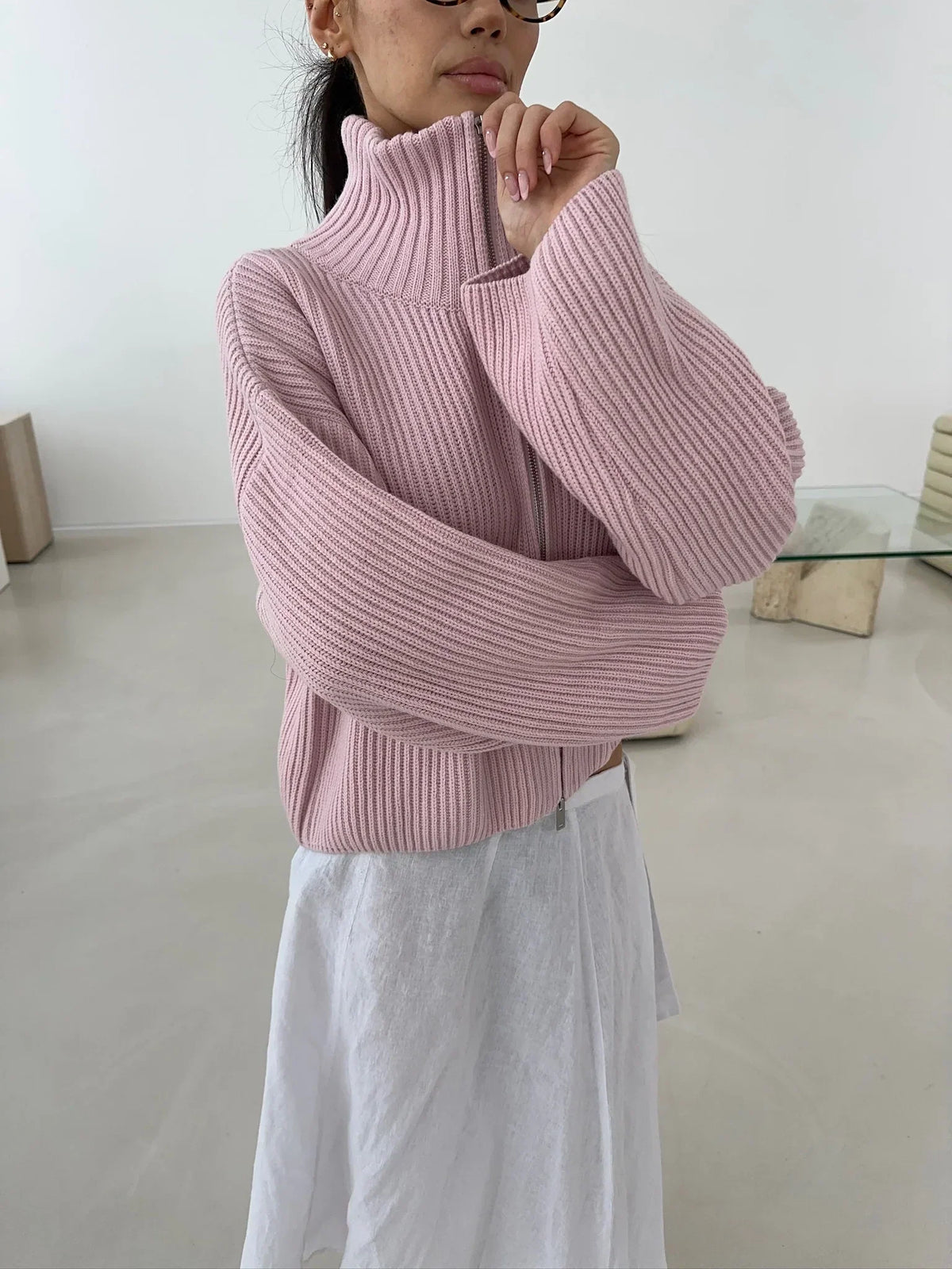 Women's Ribbed Zip Up Cardigan – Funnel Neck Balloon Sleeve Pink Knit Sweater