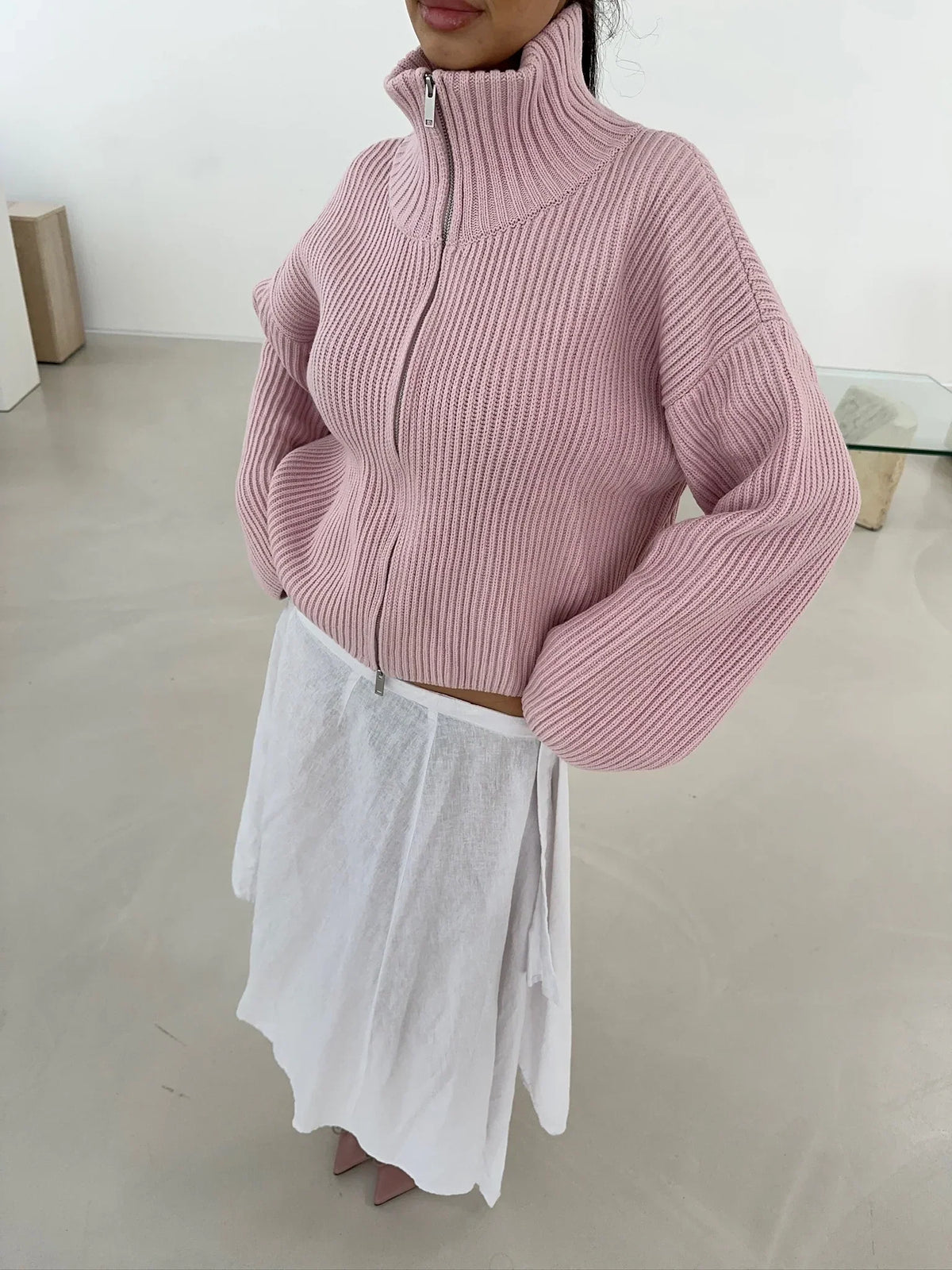 Women's Ribbed Zip Up Cardigan – Funnel Neck Balloon Sleeve Pink Knit Sweater