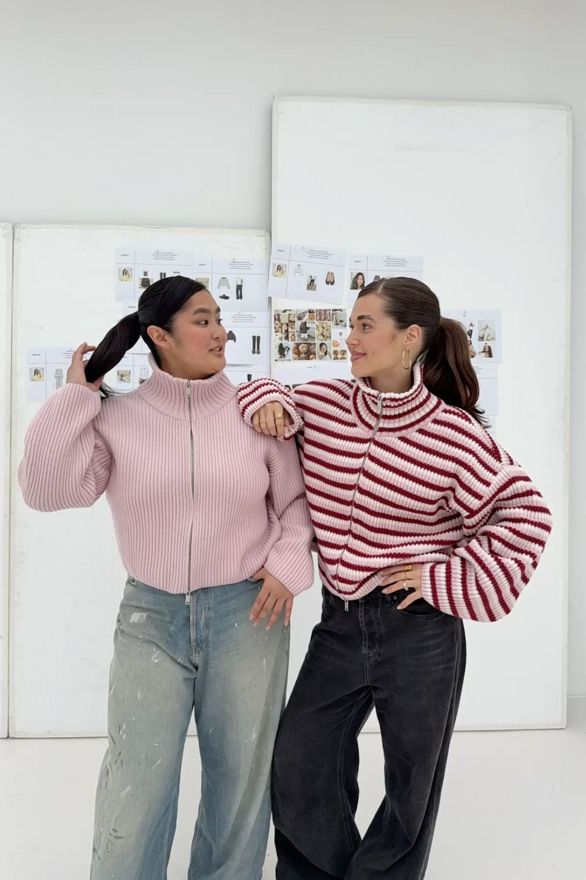 Women's Ribbed Zip Up Cardigan – Funnel Neck Balloon Sleeve Pink Knit Sweater